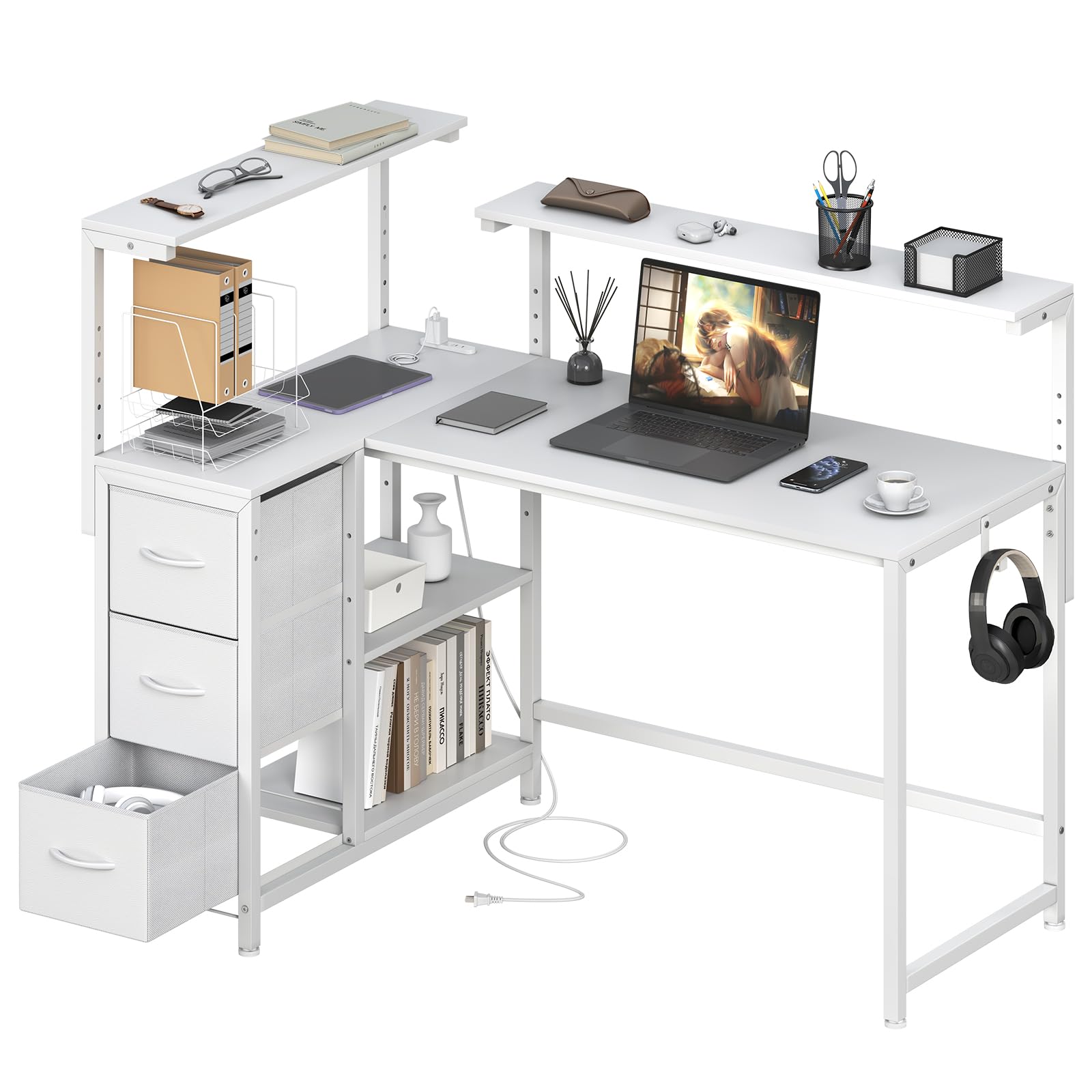 Amazon | MoonMeguri L字デスク 机 収納付き 幅130×奥行80×高さ72cm